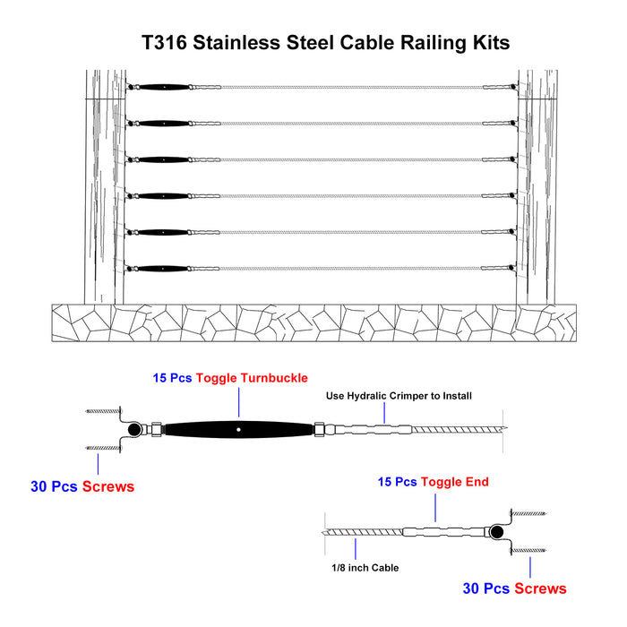 T316 Stainless Steel Toggle Turnbuckles & Ends for 1/8" Cable Railing